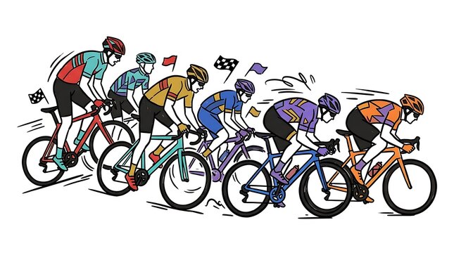Professional cycling race with riders in a pack and finish line flags competition movement training exercise cyclists competitive professional championship physical lifestyle illustration