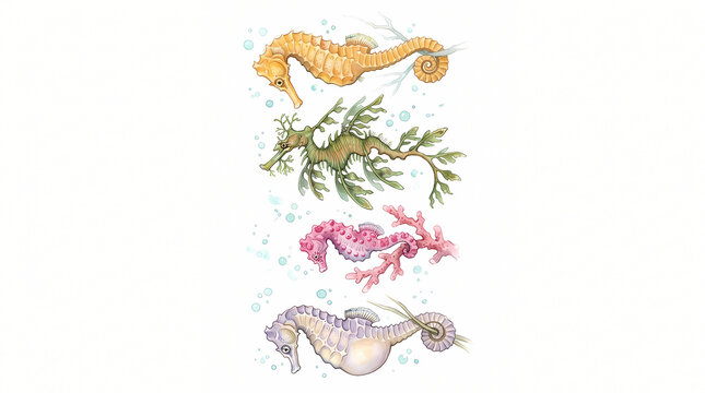 A delightful watercolor illustration showcases a whimsical parade of seahorse and leafy seadragon marine creatures, swimming gracefully amidst gentle bubbles in a serene underwater tableau.