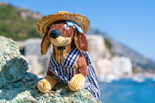 A brown plush dachshund toy in a straw hat and checkered dungarees leans on a rugged stone above a blue bay, a charming keepsake idea for coastal trip memories.