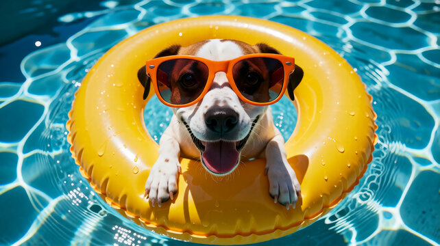 Happy Jack Russell Terrier dog in sunglasses floats on pool float