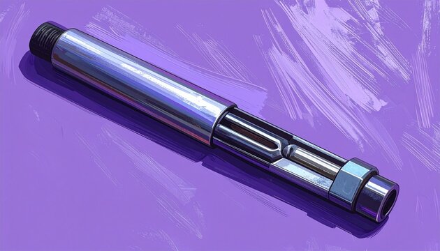 Precision machined metal shaft with threaded ends on purple background.