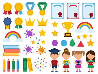 Naklejka premium Educational achievement icon set with students, medals, and school supplies