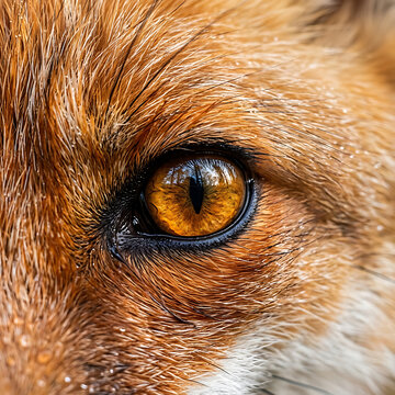 Close up portrait of curious red fox eye featuring golden iris and dark pupil in sharp detail of animal face.