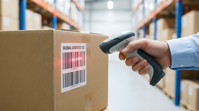 Handheld barcode scanner aiming at shipping label on cardboard package in warehouse for inventory management.
