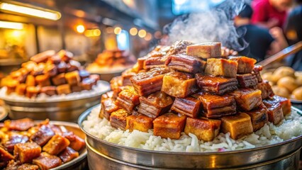 Fototapeta premium A steaming plate of braised pork belly over cooked rice on a bustling night market stall in taipeis streets