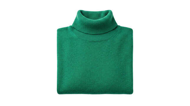 Emerald green turtleneck sweater, folded wool knit pullover, cozy winter cashmere jumper for retail and fashion apparel isolated PNG with Transparent Background