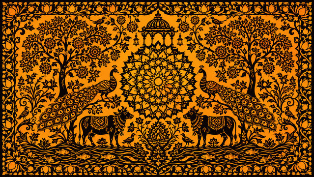 Traditional Sanjhi paper-cut art with intricate black cutwork lotus mandala peacocks sacred cows kadamba trees and river fish motifs on vivid saffron orange background
