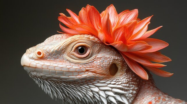 Close-up of a lizard with an elaborate pink flower resembling a crest on its head