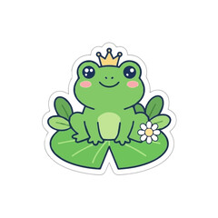 Fototapeta premium Cute Kawaii Frog Prince Character Wearing Gold Crown Sitting on Lily Pad Leaf with Daisy Flower