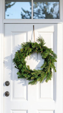 Christmas wreath holiday decoration pine wreath front door white door winter season festive home evergreen branch seasonal decor outdoor entry Holiday decoration pine wreath Christmas Concept