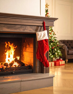 Cozy Christmas fireplace red stocking holiday decoration warm fire festive living room Christmas tree glowing lights wrapped gift winter season indoor comfort. Cozy Christmas Christmas Concept