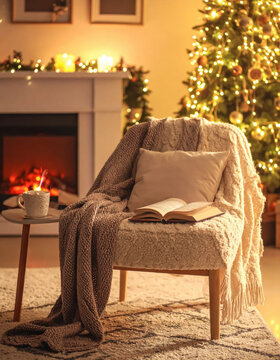 Cozy interior christmas tree warm light living room armchair blanket fireplace open book hot drink holiday decoration create peaceful winter reading corner Christmas Concept