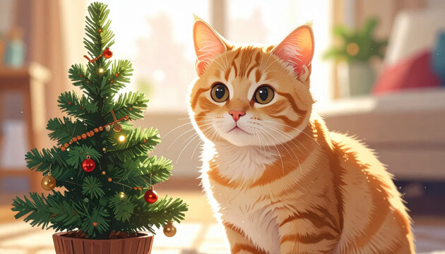 Cute cat christmas tree festive holiday indoor sunlight ginger striped adorable decoration ornament small tree pet kitten cozy warm light morning living room bokeh sparkle gold Christmas Concept