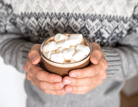 Hot chocolate marshmallow winter sweater cozy hands drink beverage comfort warmth Hot chocolate with marshmallow cozy winter sweater hand closeup, warm beverage comfort mood Christmas Concept