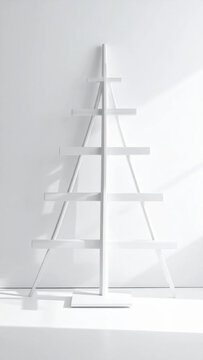 Minimalist christmas tree white interior modern holiday decor geometric design abstract tree shape empty shelf display winter season simple background scandinavian style festive Christmas Concept