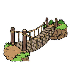 Wooden suspension bridge over cliffs cartoon illustration for children education isolated on transparent background
