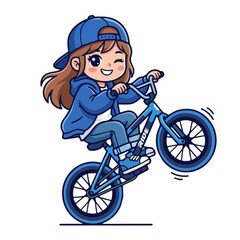 Fototapeta premium Cute Chibi Girl in Blue Hoodie and Cap Riding a BMX Bicycle Doing a Wheelie, Cartoon Illustration