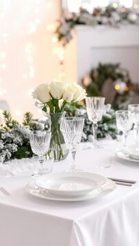 White rose wedding table winter decoration elegant dinner festive light crystal glass white plate floral centerpiece romantic celebration holiday party White rose wedding table Christmas Concept
