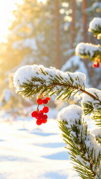 Winter branch snow berry pine frost cold nature forest sunlight outdoor serene festive scenery, gentle warm glow creates peaceful seasonal mood Christmas Concept
