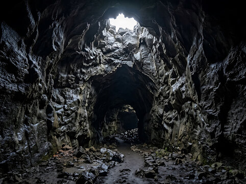 Dark and mysterious lava tube interior with light breaking through opening in iceland.