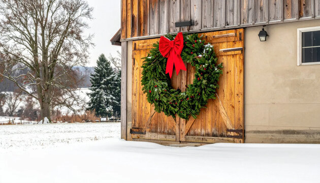 Winter tree landscape snow countryside holiday red bow evergreen farm rustic cold nature winter tree landscape with snow covered countryside, rustic farm building and evergreen Christmas Concept