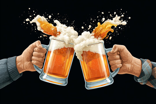 Illustration of two hands clinking beer mugs in close-up toast, Oktoberfest concept