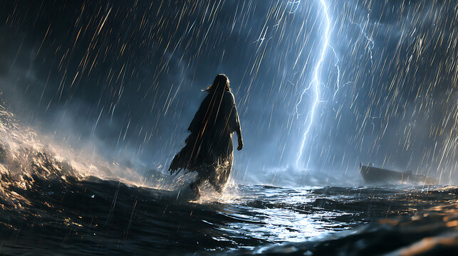 Jesus Christ walks on water during a storm, with rain and lightning visible in the background next to a boat.