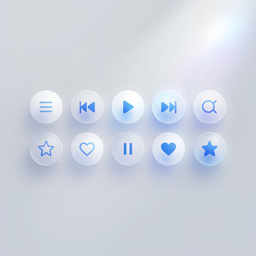 Collection of glassmorphism style icons including menu rewind play fast forward search and heart symbols