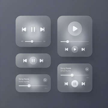 Music player controls with translucent glassmorphism effect showcasing playback and volume adjustment audio slider interface