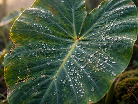 Large green taro leaf with morning dew droplets, tropical macro texture