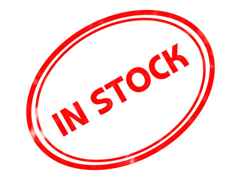 Red in stock rubber stamp icon. Oval commercial seal for retail and e-commerce. Available product sign for inventory management.