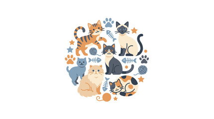 Naklejka premium Round collection of cat breeds and pet icons.