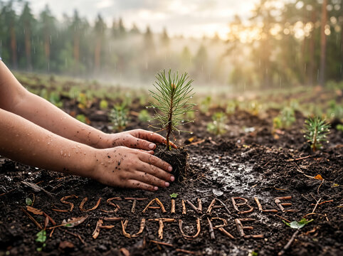 Hands carefully planting young pine tree seedling in rich forest soil