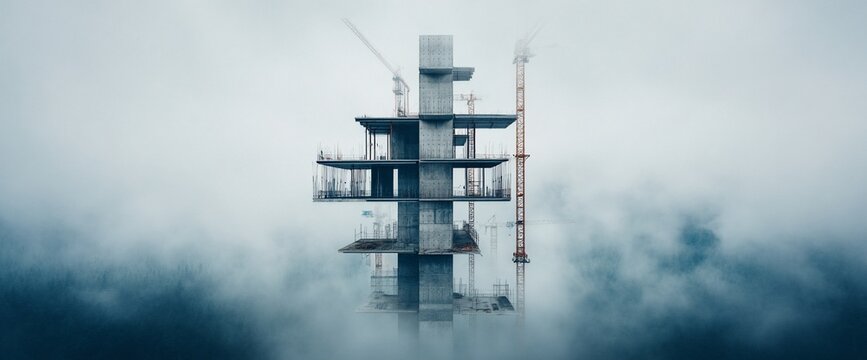 Construction site in misty, foggy landscape, unfinished skyscraper with cranes and workers