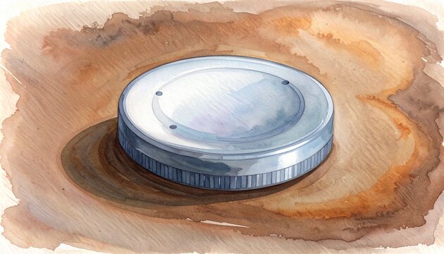 Watercolor painting of a silver coin on paper.