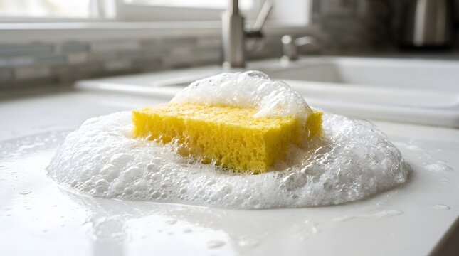 Yellow sponge with soap suds and bubbles on white kitchen counter near sink, cleaning supplies concept.