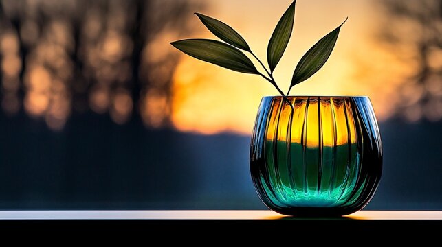 Sunset silhouette of plant in teal glass vase.