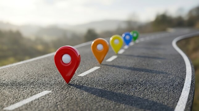 Colorful map location pins lined up on a winding asphalt road, representing navigation, travel route, and roadmap strategy