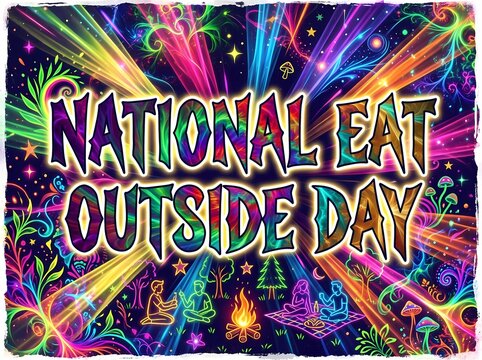 National Eat Outside Day Colorful Psychedelic Neon Celebration Poster Design