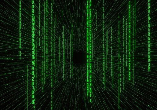 Green Digital Matrix Code Falling Through a Dark Futuristic Tunnel.