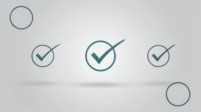 Checkmark icons in circular frames float above a soft grey surface with shadows, representing task completion, successful business operations, and quality assurance checklists.