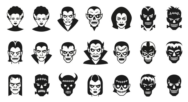 Halloween monster icons set, 21 horror character head vectors. Spooky vampire and zombie avatars, gothic creature face illustrations.