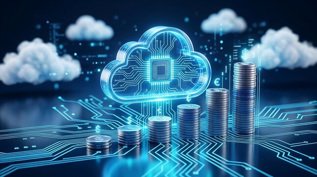 Cloud computing technology and financial growth concept with glowing circuit cloud icon and stack of coins forming bar chart