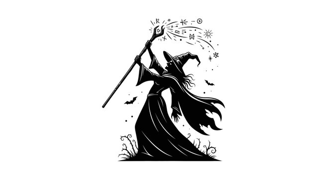 Mystical witch silhouette with magic staff, gothic sorceress casting spells, black and white fantasy vector illustration