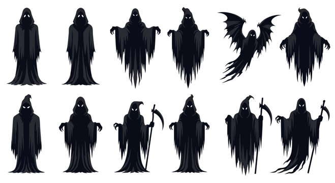 Spooky grim reaper silhouettes, 12 dark ghost characters set, hooded phantom spirits with scythes, halloween horror vector icons