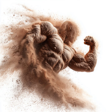 Strong sculpted muscular runner formed from scattered protein powder isolated on white, symbolizing strength, vitality and energy