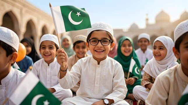  Happy Pakistani Children Waving National Flag in Traditional Islamic Dress Near Mosque