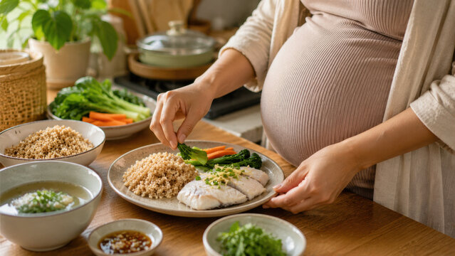 Pregnant Asian woman hands preparing a traditional balanced meal with brown rice, steamed fish, and vegetables in a home kitchen. Culturally relevant gestational diabetes nutrition concept.