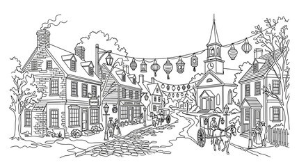 Fototapeta premium Hand Drawn Colonial Village Street Scene with Horse Carriages and Lanterns