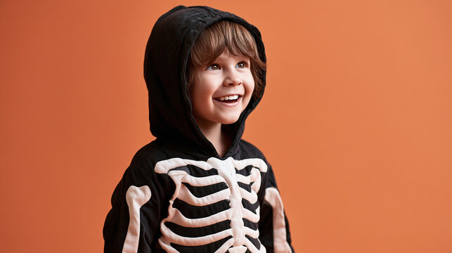 Joyful young child with a bright smile, dressed in a playful skeleton costume, looking up with genuine happiness on an orange background, ready for celebration or fun activities